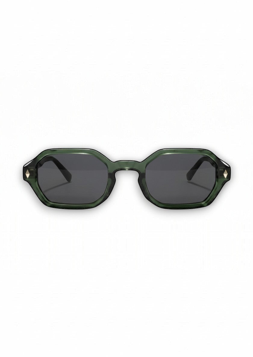 Aurélio Eyewear C5 zonnebril met donkergroen achthoekig acetaat montuur en grijze glazen