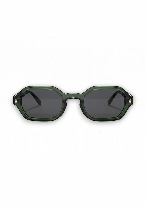 Aurélio Eyewear C5 zonnebril met donkergroen achthoekig acetaat montuur en grijze glazen