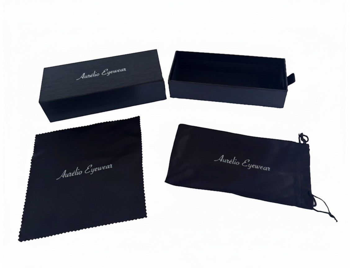 Aurélio Eyewear luxe zwarte brillendoos met bijpassend microvezel schoonmaakdoekje en zacht opbergetui